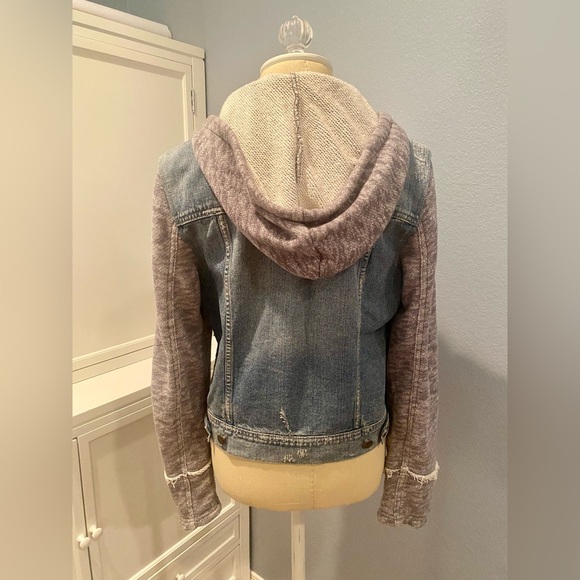 Free People Distressed Denim Jacket French Terry Sleeves and Hood - Picture 2 of 7